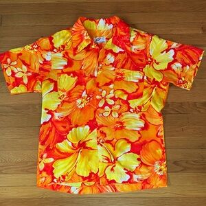 Vintage Pomare Hawaiian Aloha Shirt Orange Yellow Floral Short Sleeve Large 70s